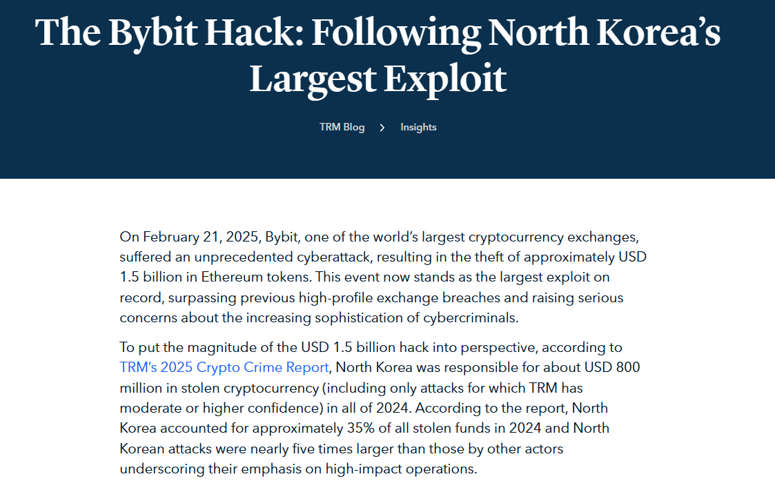 The Bybit Hack: $1.5B Ethereum Theft Tracked to North KoreaSource: TRM Labs