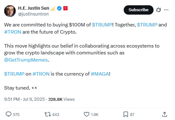 Justin Sun $100M TRUMP Coin Pledge. Source: X (@justinsuntron)