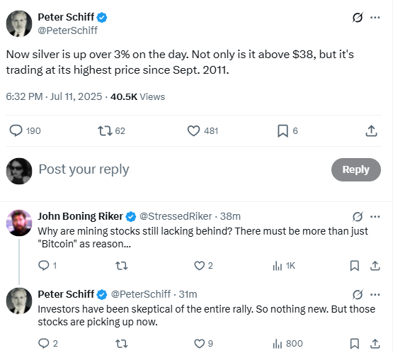Silver Price Rally Tweet. Source: Peter Schiff on X (@PeterSchiff)