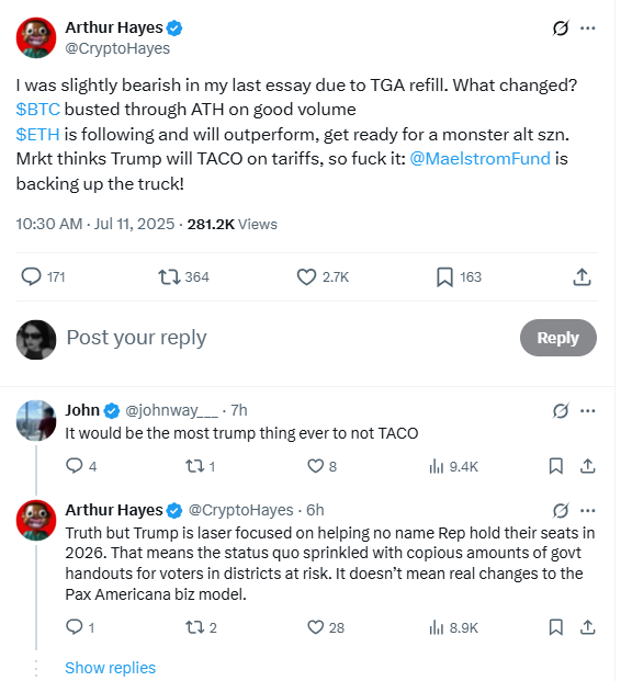 Arthur Hayes TGA and ETH Tweet. Source: Arthur Hayes on X (@CryptoHayes)
