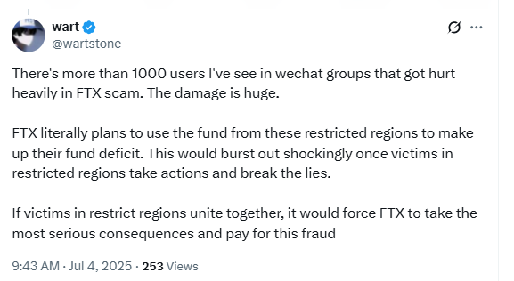 FTX Chinese Creditor Reaction. Source: Wart (@wartstone) on X