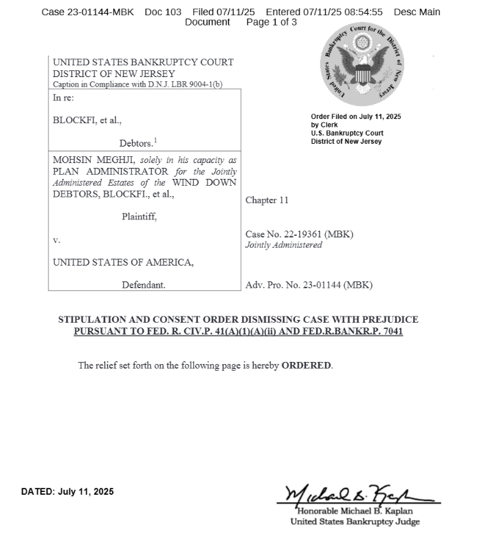 BlockFi DOJ Lawsuit Dismissal. Source: U.S. Bankruptcy Court