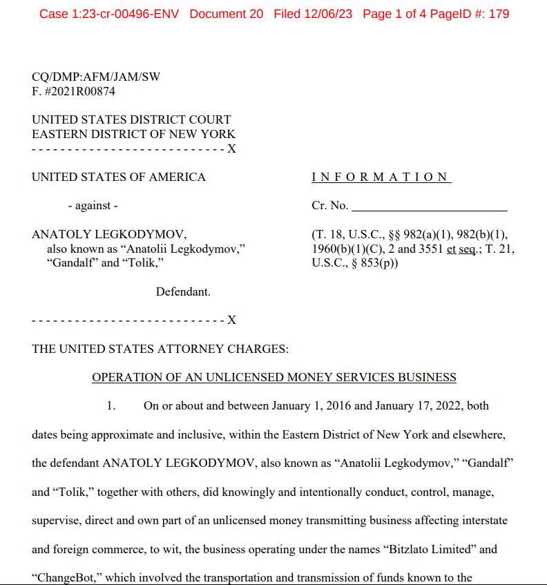 U.S. v. Anatoly Legkodymov — Criminal Information FilingSource: United States District Court, Eastern District of New York