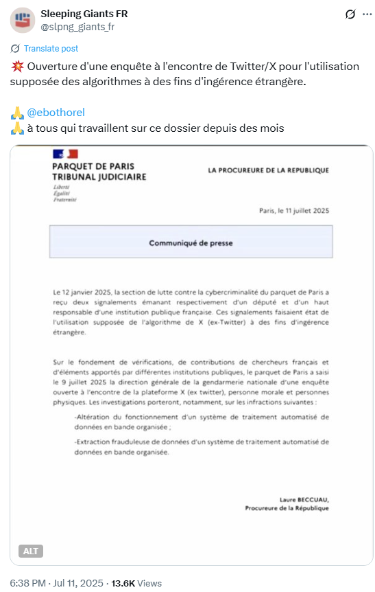 France Opens Probe Into X Algorithm.Source: Sleeping Giants FR on X (@slpng_giants_fr)