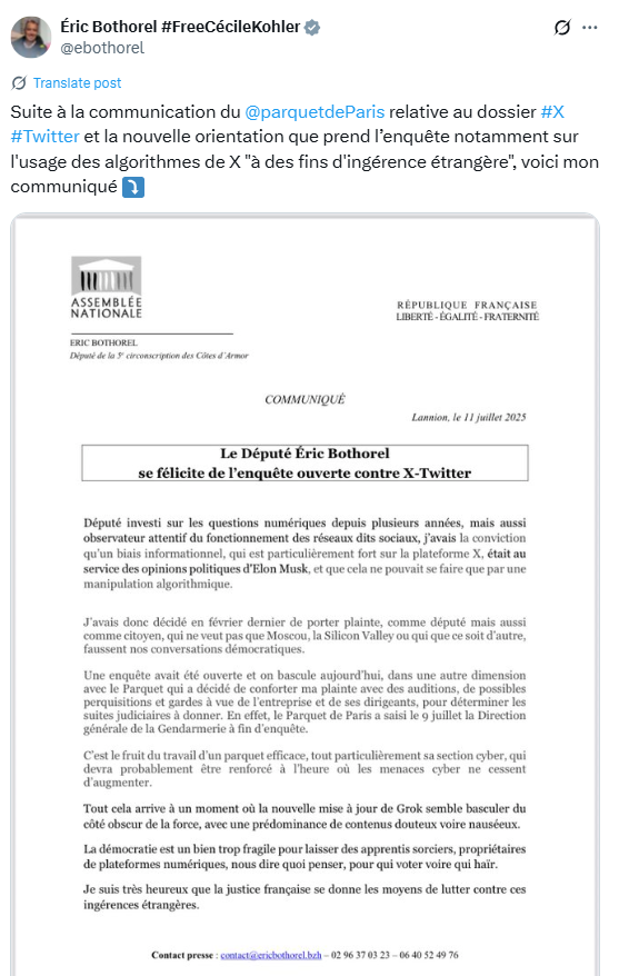 Éric Bothorel Welcomes X Investigation Statement.Source: Éric Bothorel on X (@ebothorel)