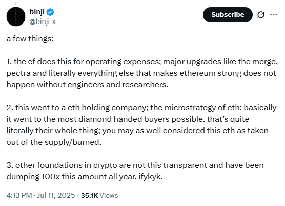 Binji on Ethereum Foundation ETH SaleSource: X (@binji_x)
