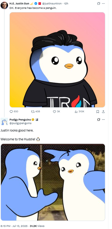 Justin Sun Joins Pudgy Penguins MemeSource: X (@justinsuntron and @pudgypenguins)