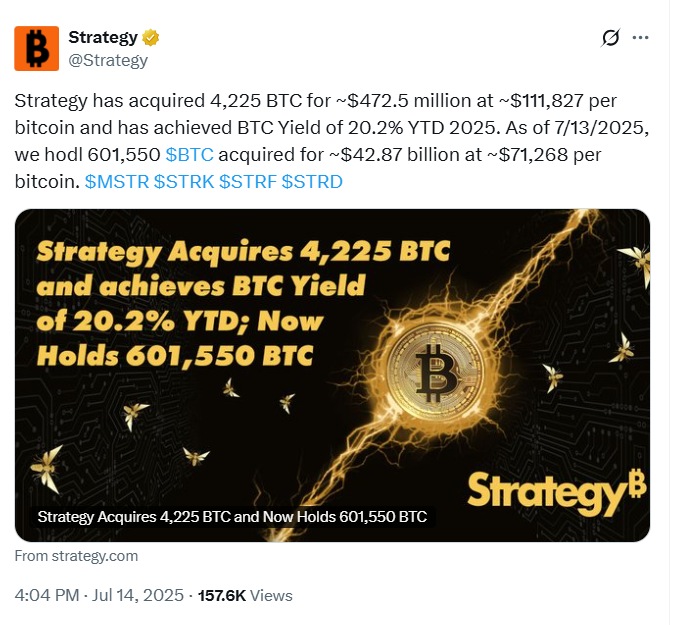 Strategy Bitcoin Acquisition July 2025Source: Strategy (via X post @Strategy)