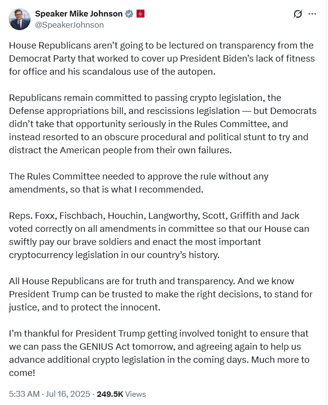 Mike Johnson on GENIUS Act.Source: X (@SpeakerJohnson)

