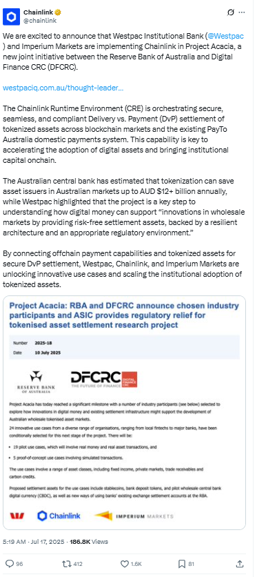 Chainlink Joins RBA Project Acacia.Source: X (@chainlink)