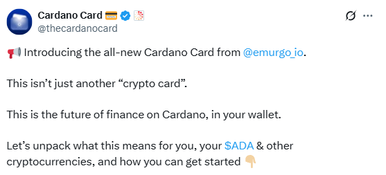 ChatGPT said:Cardano Card Tweet. Source: @thecardanocard on X