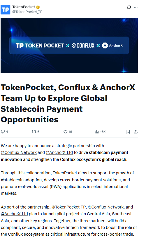  Conflux Offshore Yuan Stablecoin Collaboration.Source: TokenPocket on X (@TokenPocket_TP)