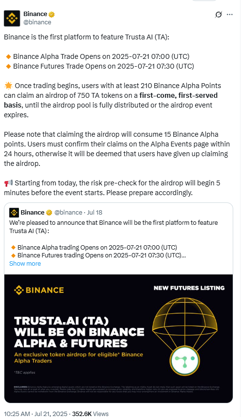 Trusta AI TA Binance Listing PosterSource: Binance on X (@binance),