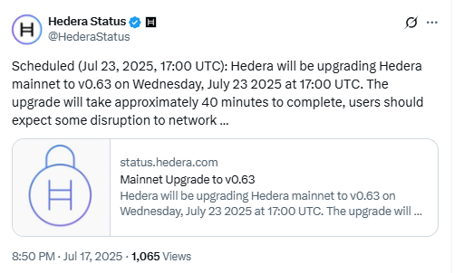 Hedera Mainnet Upgrade to v0.63 AnnouncementSource: Hedera Status on X (@HederaStatus)