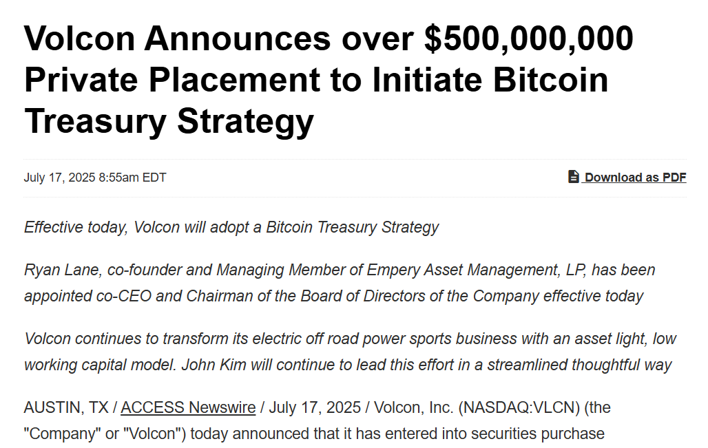 Volcon Bitcoin Treasury AnnouncementSource: ACCESS Newswire via Volcon Inc. (NASDAQ: VLCN)
