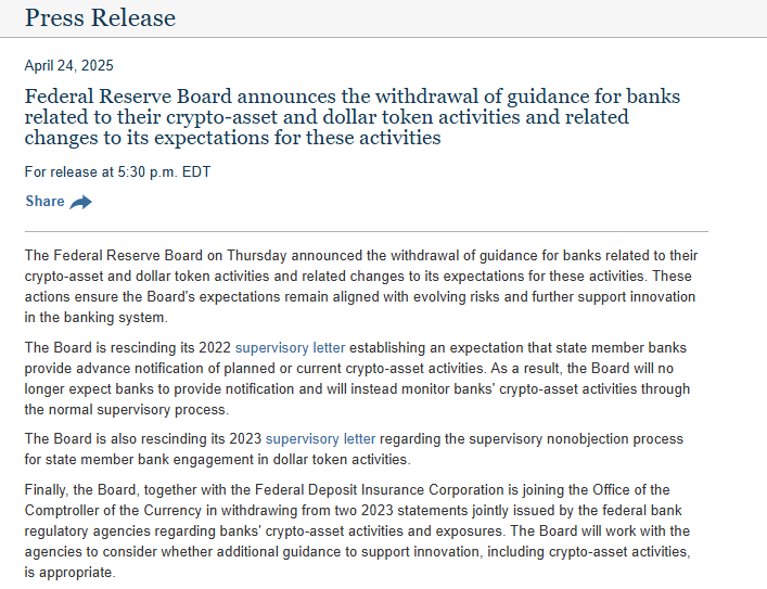 Federal Reserve Crypto Guidance Withdrawal.Source: Federal Reserve Board Press Release.