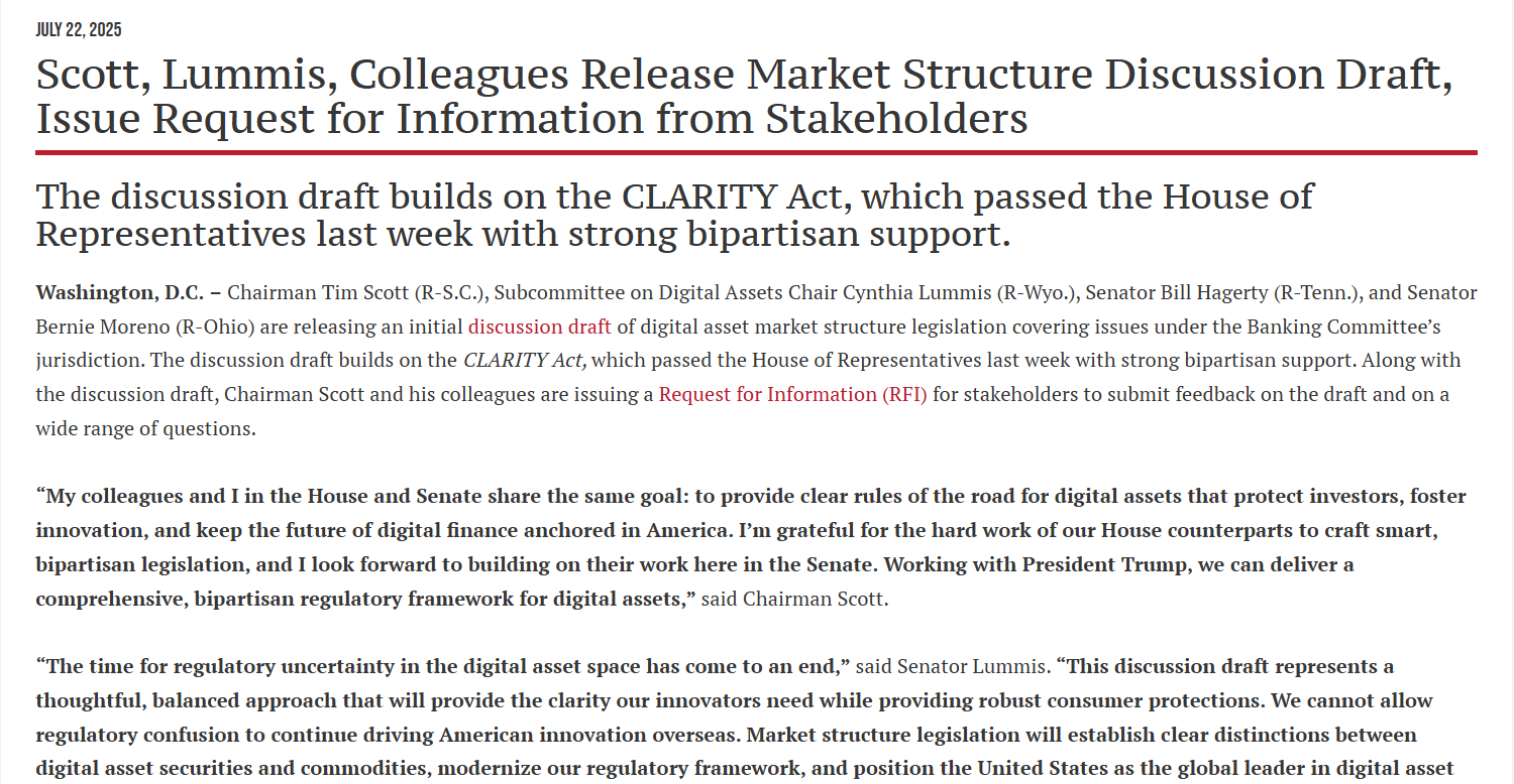 Senate Crypto Draft Announcement.Source: Senate Banking Committee Press Release
