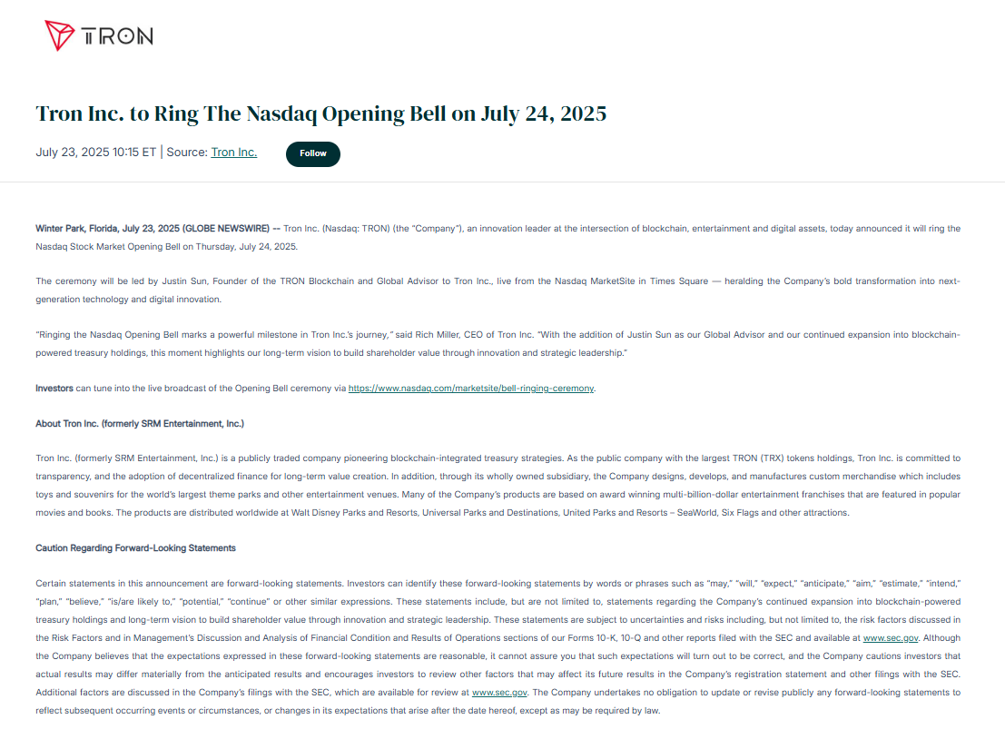 Tron Inc. Nasdaq Bell Announcement.Source: Tron Inc. via GlobeNewswire.