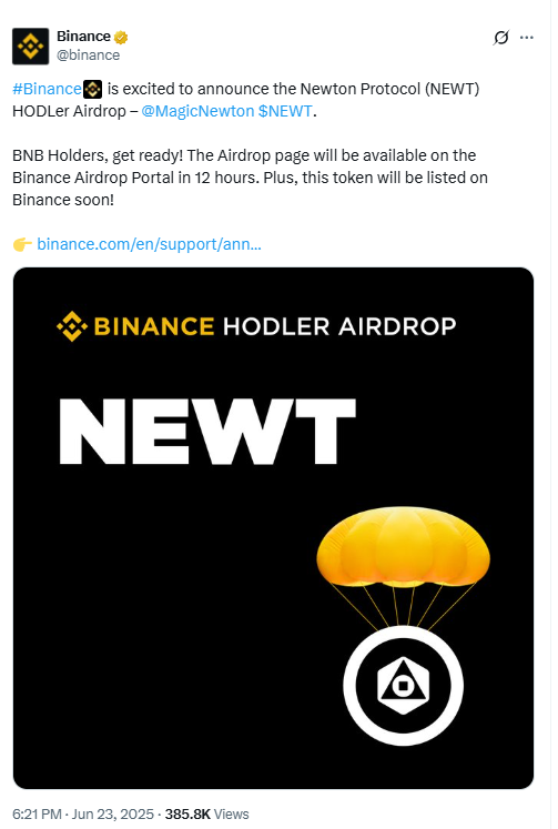 Newton Protocol Binance Airdrop Announcement. Source: Binance on X