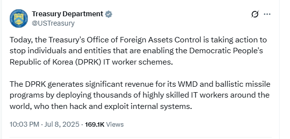 DPRK IT Worker Sanctions Update.Source: Treasury Department.