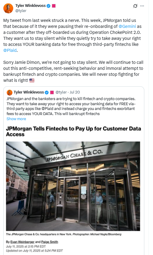  Tyler Winklevoss vs JPMorgan.Source: Tyler Winklevoss on X.