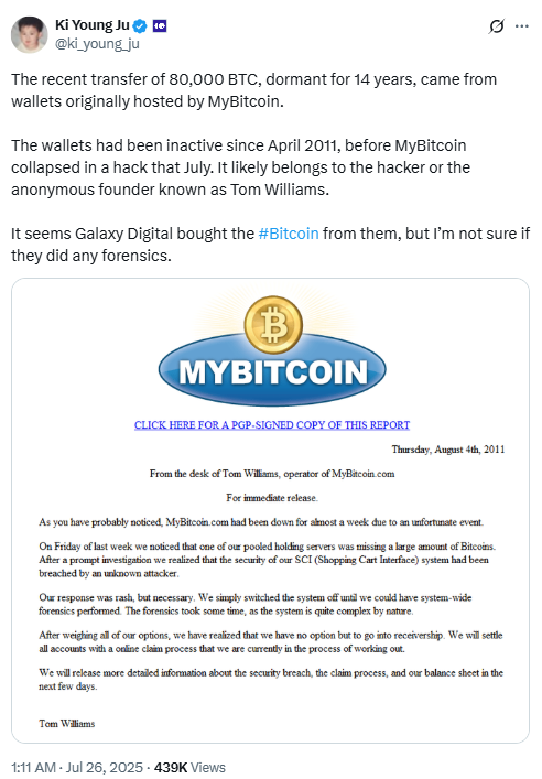 MyBitcoin Wallet Hack and 80,000 BTC TransferSource: Ki Young Ju on X