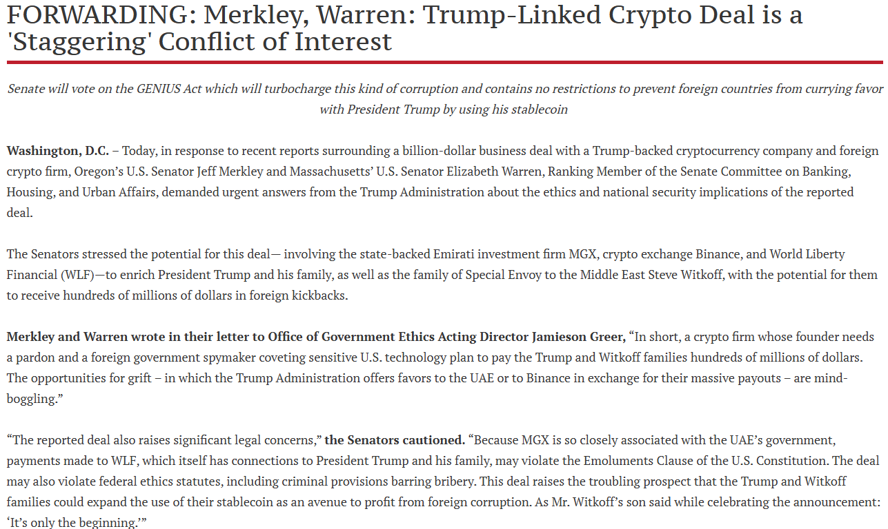 Trump-Linked Crypto Deal Ethics Letter. Source: Senator Elizabeth Warren’s Office