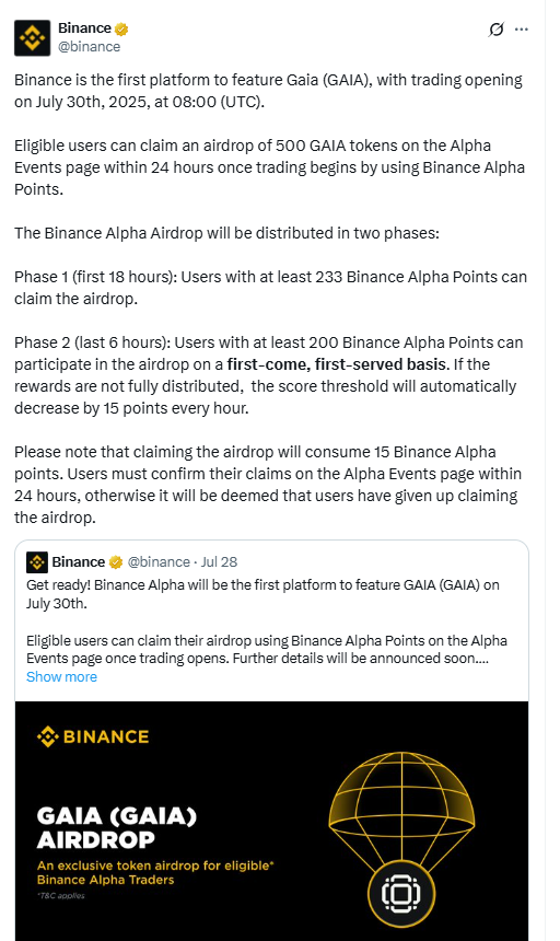 Binance GAIA Airdrop. Source: Binance