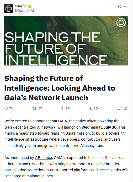 Gaia Network Launch Announcement. Source: Gaia