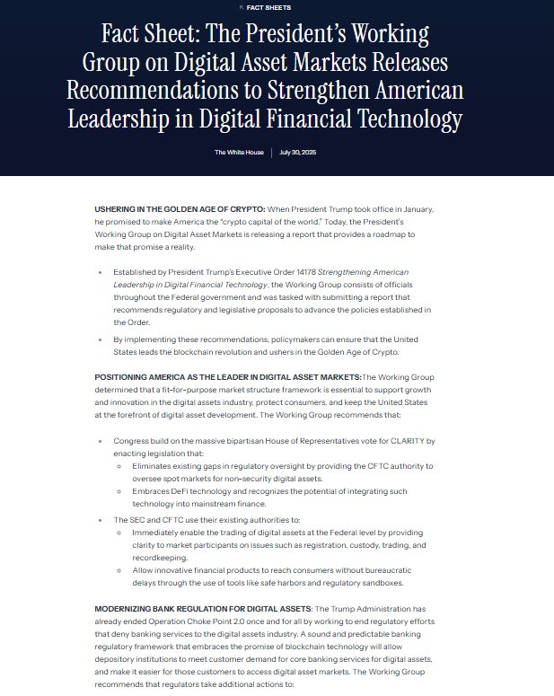 The President’s Working Group on Digital Asset Markets Report on Strengthening U.S. Crypto Leadership. Source: The White House