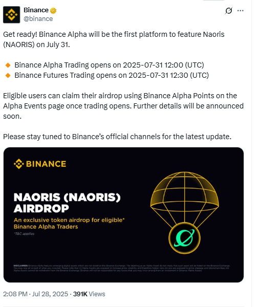 Naoris (NAORIS) Airdrop Announcement. Source: Binance