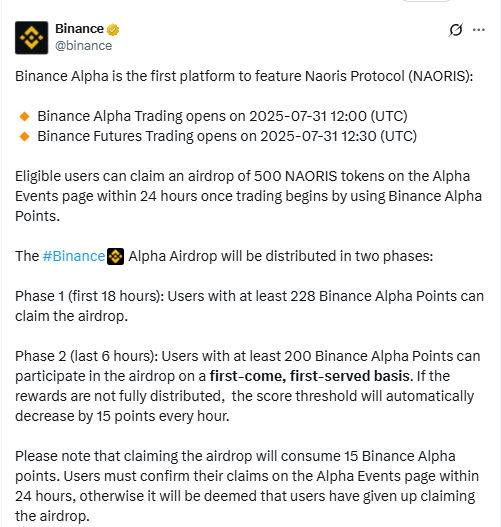 Naoris Protocol (NAORIS) Airdrop Details. Source: Binance