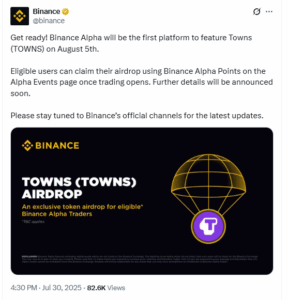 TOWNS to list on Binance Alpha