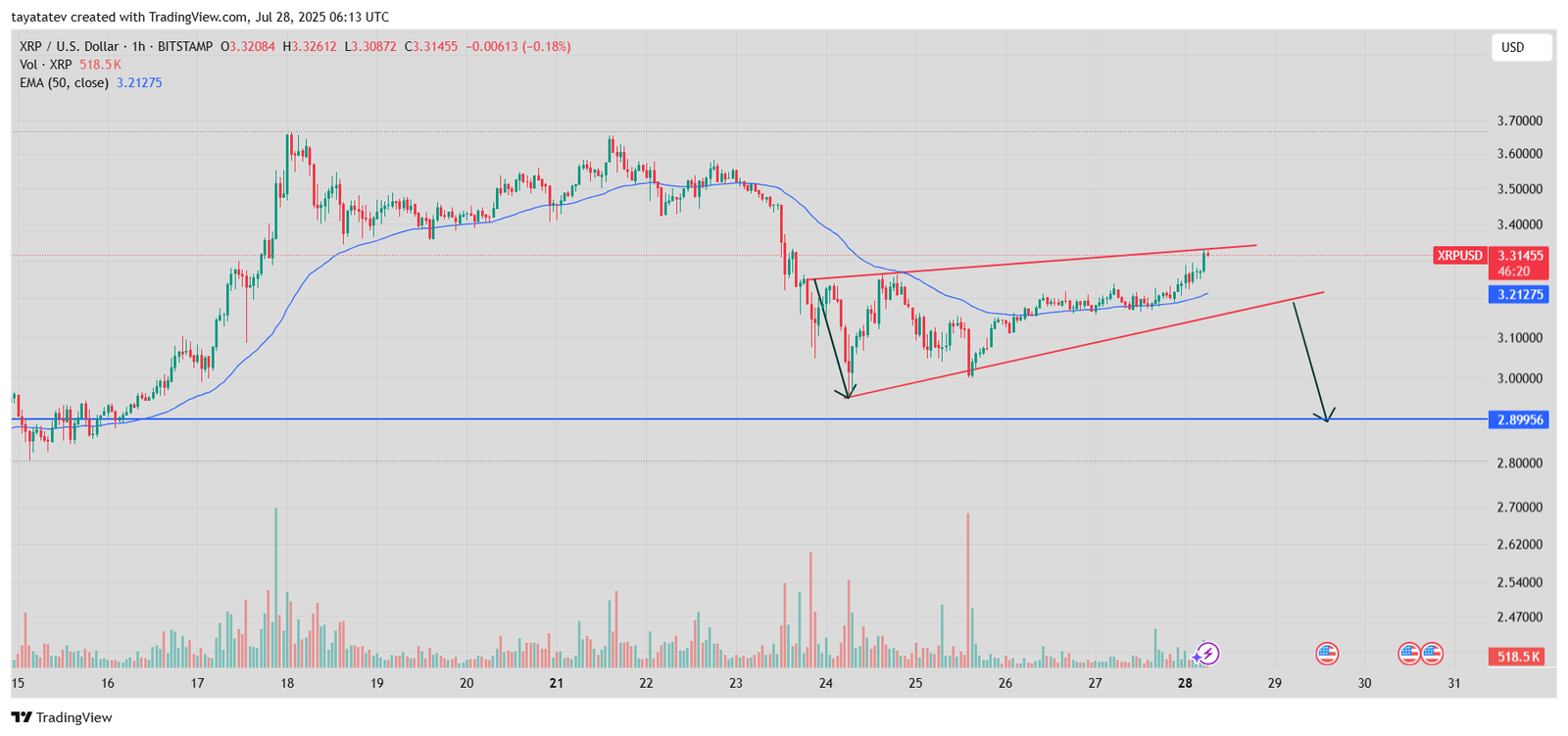 XRP/USD Rising Wedge Pattern AnalysisSource: TradingView