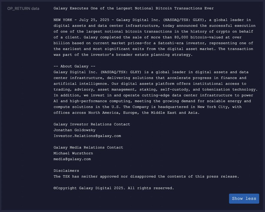 Galaxy Digital 80,000 BTC Transfer.Source: Galaxy Digital via OP_RETURN data.