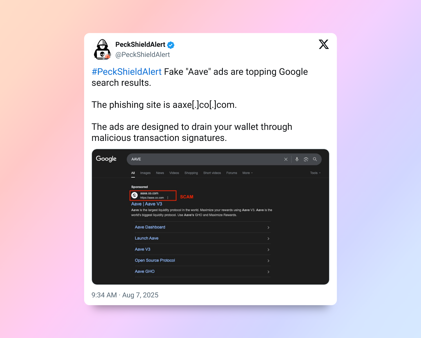  Aave Phishing Ads on GoogleSource: PeckShieldAlert on X (@PeckShieldAlert)