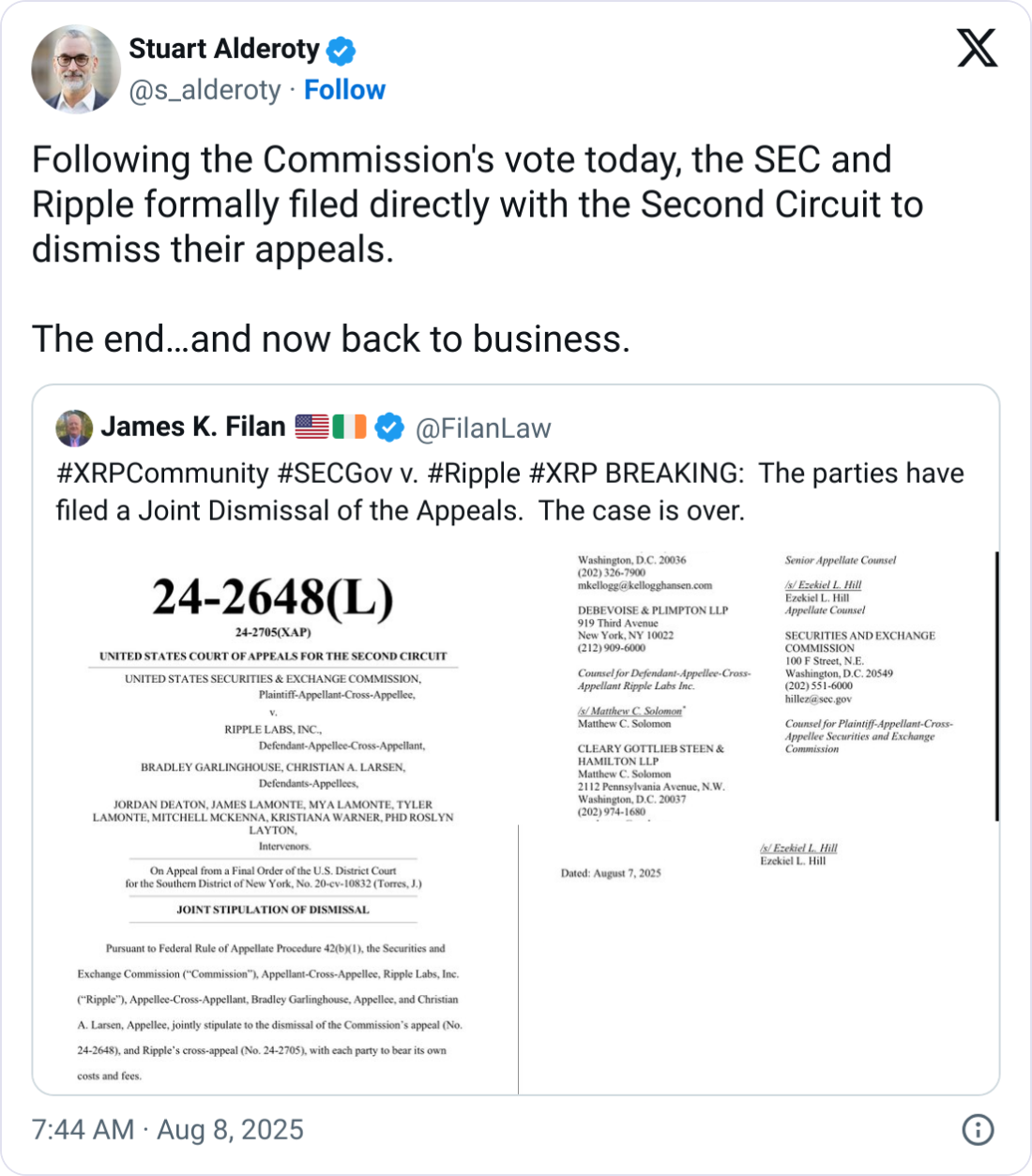 Ripple SEC Appeal Dropped TweetSource: Stuart Alderoty on X (@s_alderoty)