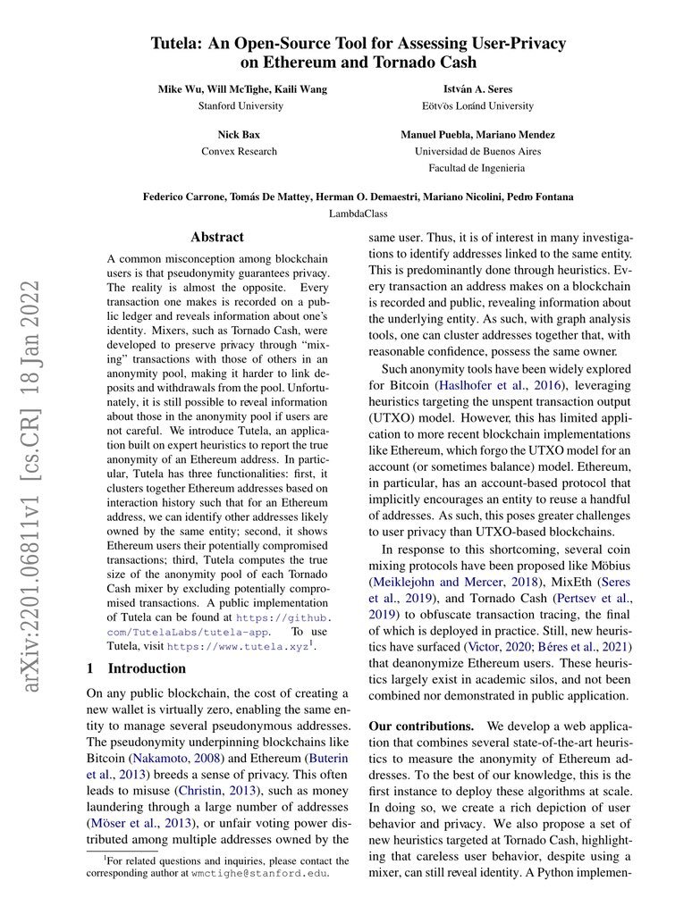 Tutela Research Paper on Ethereum and Tornado Cash. Source: arXiv