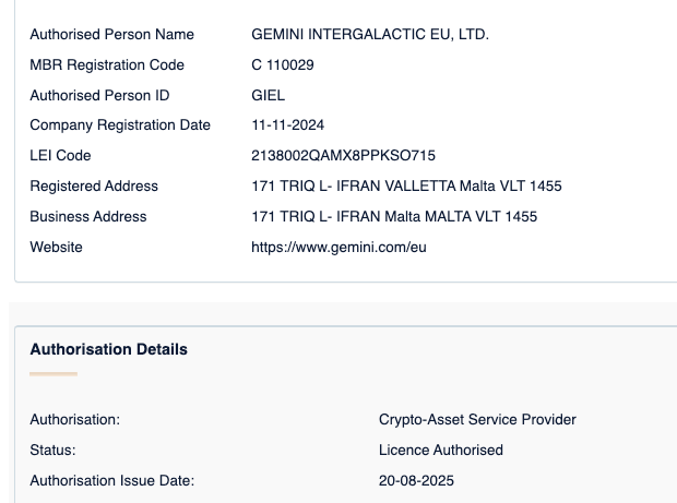 Gemini Intergalactic EU, Ltd. — Source: Malta Financial Services Authority (MFSA) CASP Register