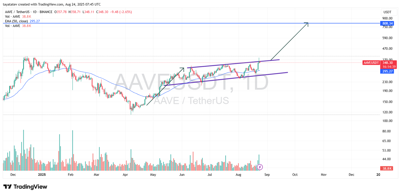 AAVE/USDT Daily Chart, Rising Channel Pattern. Source: TradingView