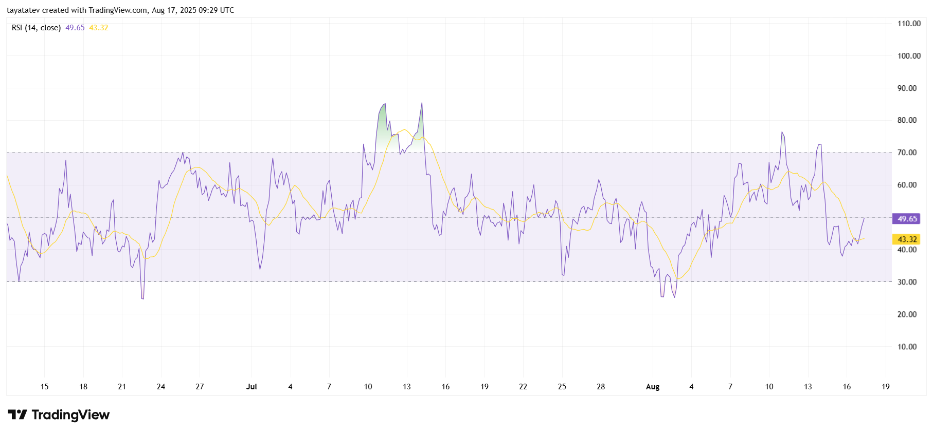 Bitcoin / U.S. Dollar (BTCUSD) RSI (14) ChartSource: TradingView