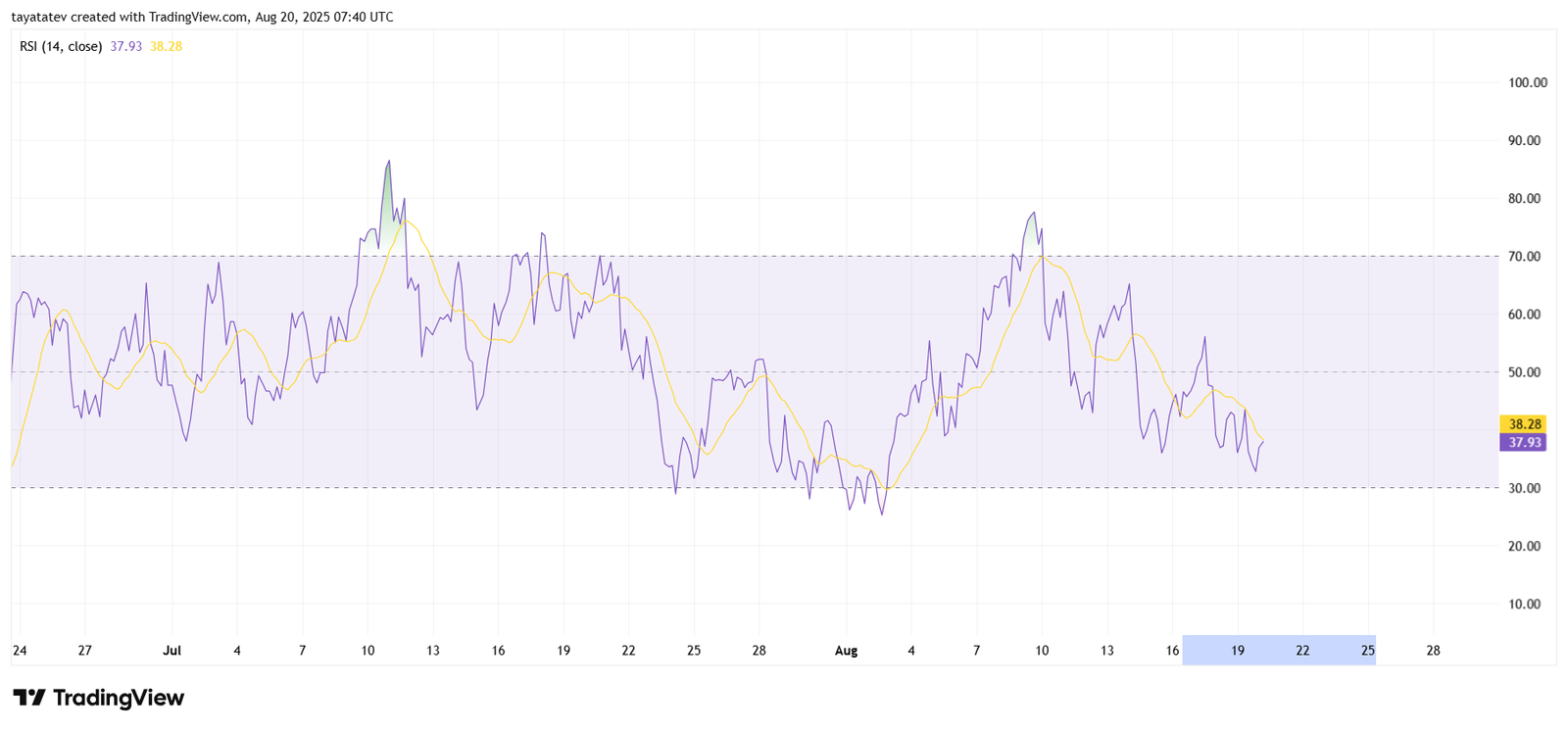 Shiba Inu Relative Strength Index (RSI), August 20, 2025. Source: TradingView