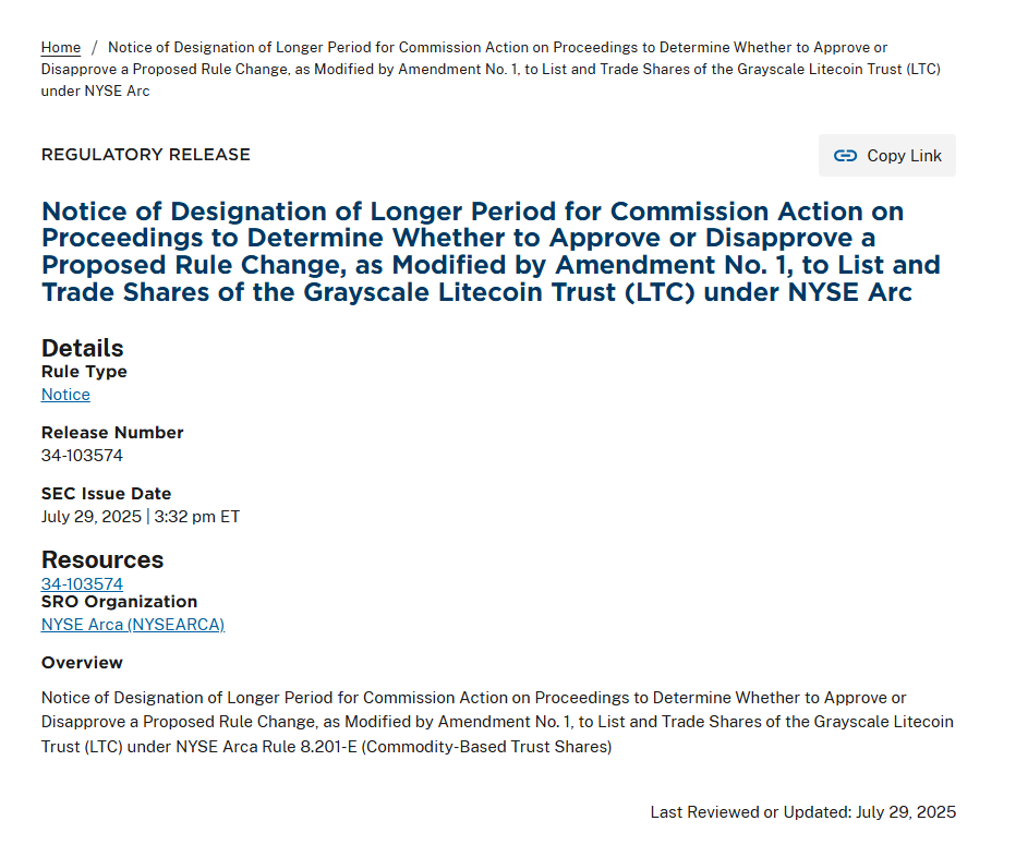  Notice of Longer Period for Grayscale Litecoin ETFSource: U.S. Securities and Exchange Commission (SEC)
