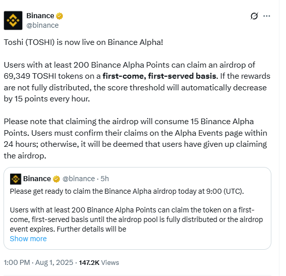 Binance Toshi Airdrop Announcement. Source: Binance