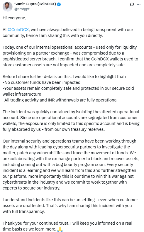 Sumit Gupta (CoinDCX) on X. Source: Sumit Gupta