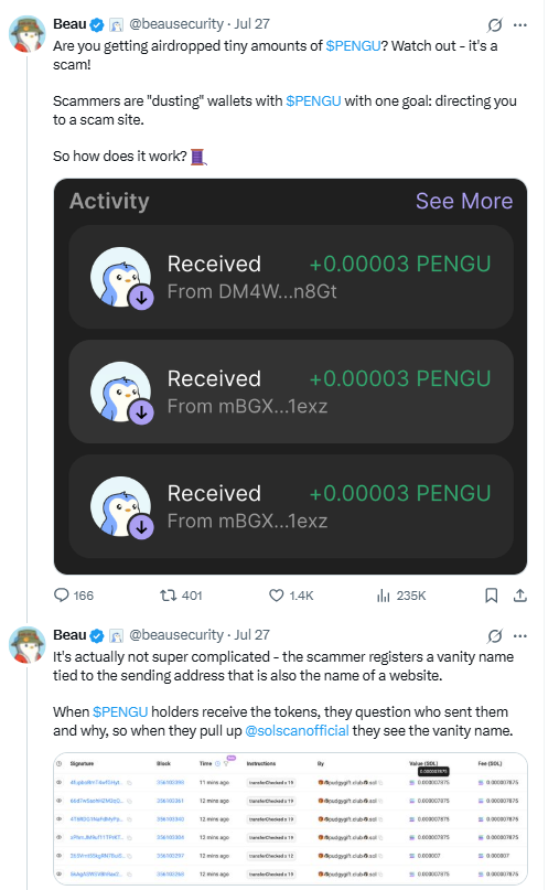 PENGU Dusting Scam Warning. Source: Beau on X