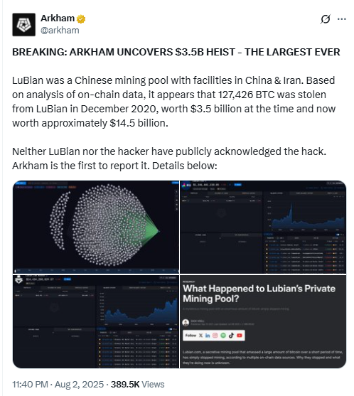 **Arkham Bitcoin Hack Post. Source: Arkham on X