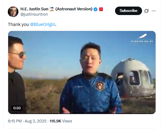 Justin Sun Blue Origin Spaceflight. Source: Justin Sun on X
