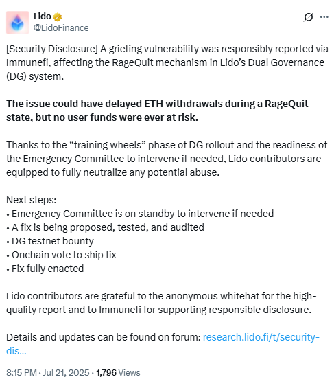 Lido Dual Governance Vulnerability Disclosure. Source: Lido on X