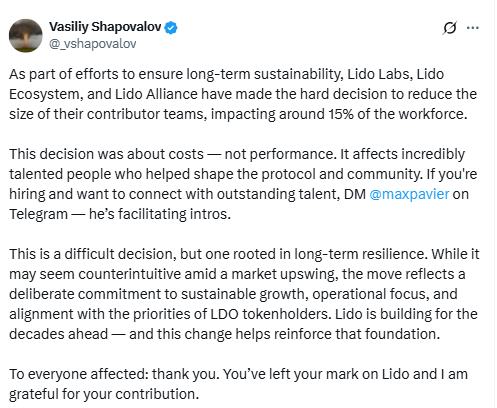 Lido Team Reduction Announcement. Source: Vasiliy Shapovalov on X